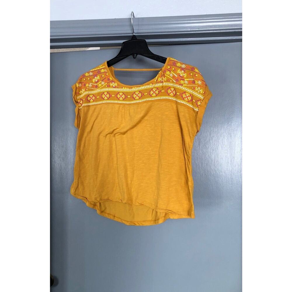 Sz Medium Womens Janet Chung gold Sleeveless Blouse top embroidery V back Hi-Low